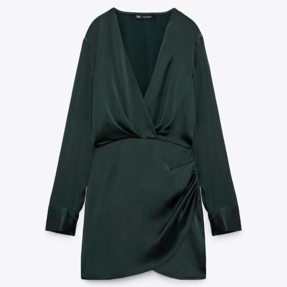 ZARA SATIN EFFECT DRESS in dark green